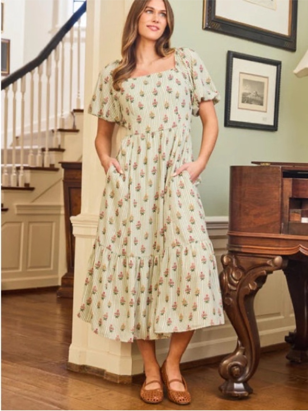 MARY SQUARE Alexi Midi Cottage Green Stripe Dress Women’s Extra Small NWT NEW